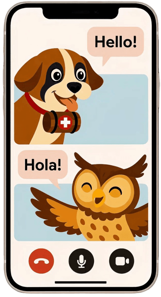 A video call between Bernaly the St. Bernard saying Hello and an owl tutor saying Hola